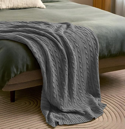 100% Cotton Cable-Knit Throw Blanket: 60" x 70", Ultra Soft, Breathable, All-Season Comfort & Versatility, Ideal for Couch, Bed, Travel and Gifting (Grey)