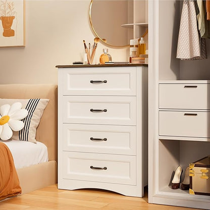 Gizoon Dresser for Bedroom with 4 Drawers Wooden Chest of Drawers for Closet Dresser Storage Unit Organizer for Hallway Living Room and Office, White and Rustic