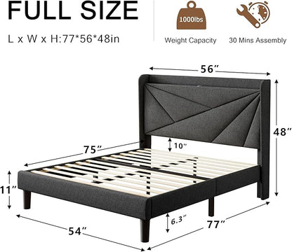 Full Size Upholstered Bed Frame with Charging Station, Platform Bed Frame with Storage Headboard, Solid Wood Slats Support, No Box Spring Needed, Dark Gray