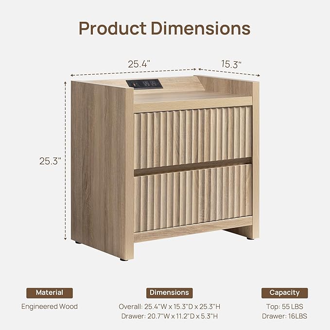 SICOTAS Night Stand Fluted Nightstands with Charging Station- Modern 2 Drawers Nightstand 25" Tall Bedside Table End Table, Large Night Stands for Bedroom, Living Room Sofa Side (Light Oak, 1 Piece)