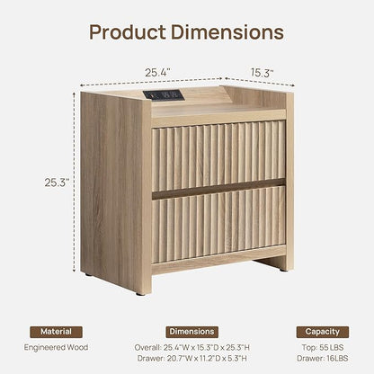 SICOTAS Night Stand Fluted Nightstands with Charging Station- Modern 2 Drawers Nightstand 25" Tall Bedside Table End Table, Large Night Stands for Bedroom, Living Room Sofa Side (Light Oak, 1 Piece)