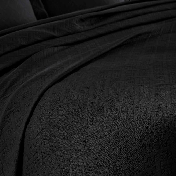 Superior 100% Cotton Basket Weave Bedspread with Shams, All-Season Premium Cotton Matelasse Jacquard Bedding, Quilted-Look Geometric Basket, Twin, Black