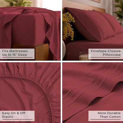 Mellanni Twin Sheet Set - 4-Piece Iconic Collection Bedding, (Including 2 Pillowcases), 16-Inch Deep Pocket, Easy Care, Extra Soft, Cooling Sheets, Brushed Microfiber - Brick Red