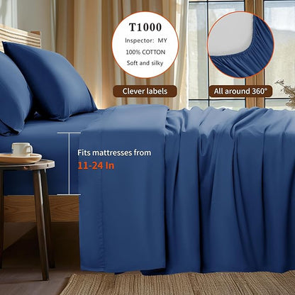 LBRO2M 100% Cotton Sheets Set Deep Pocket 24", 1000 Thread Count Queen Size 4 Piece Bed Sheet Sets Soft Comfortable Bedding All Season (Queen, Navy Blue)