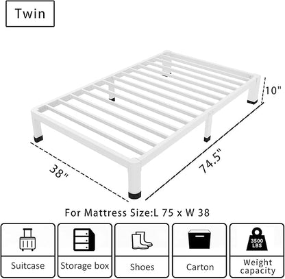 ROIL 10 Inch White Twin Bed Frame with Rounded Corner and Mattress Retainers, 3500LBS Heavy Duty Steel Slats No Box Spring Needed Platform Noise-Free Easy Assembly