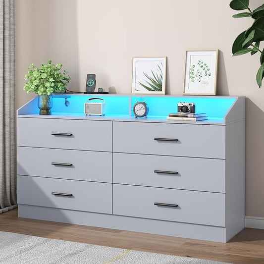 6 Drawer Dresser with Power Outlet, Chest of Drawer with LED Light, Modern Dresser with Open Storage Cubby, Double Wide Dressers Organizer for Bedroom, Living Room, Entryway, Hallway (Grey, 6 Drawers)