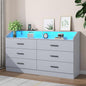 6 Drawer Dresser with Power Outlet, Chest of Drawer with LED Light, Modern Dresser with Open Storage Cubby, Double Wide Dressers Organizer for Bedroom, Living Room, Entryway, Hallway (Grey, 6 Drawers)