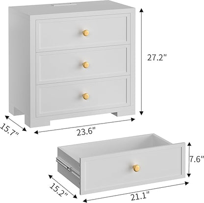 COWMOU Nightstand with Drawers 3 Drawer Night Stand with Charging Station Farmhouse Style Large Bed Side Table Wooden Dresser for Bedroom Living Room (1, White)