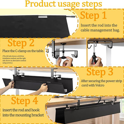 No Drill Under-Desk Cable Management Tray, Desktop Cable Organizer, Fabric Storage Tray, Two Installation Methods, Suitable for Office/Home Use. (13 * 35in)