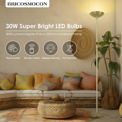 Stepless Dimmable Floor Lamp,30W 3000LM Super Bright LED Torchiere Floor Lamps with Remote & Touch Control,71 In Tall Modern Pole Standing Lamp for Living Room Bedroom Office,2700k-6500k,Golden