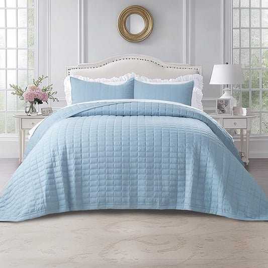 Oversized King Quilt Set 112"x106" – Soft Washed 3-Layer Lightweight California King Bedspread, Minimalist Nordic Design, All-Season Spring & Summer Quilt Set (1 Quilt + 2 Pillow Shams), Grey Blue