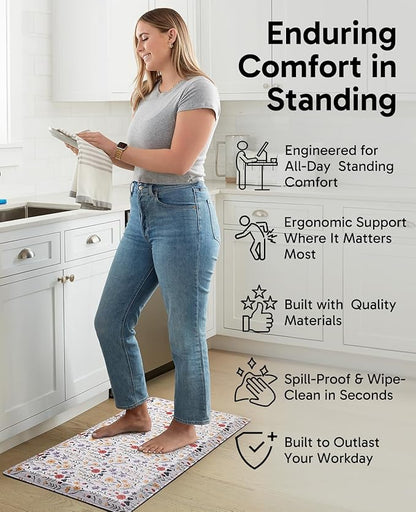 Ophanie Kitchen Mats for Floor, 3/4 inch Thick, 17x28 Anti Fatigue Cushioned Mat, Kitchen Rugs, Waterproof, Comfort Ergonomic Standing Mat for Office, Home, Sink, White Flower Non-Slip Ridged Bottom