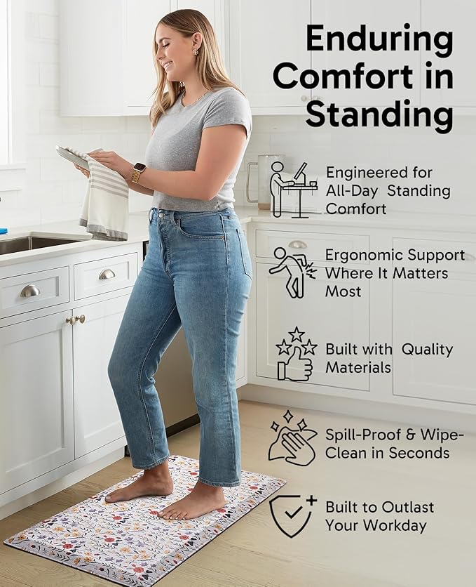 Ophanie Kitchen Mats for Floor, 3/4 inch Thick, 20x39 Anti Fatigue Cushioned Mat, Kitchen Rugs, Waterproof, Comfort Ergonomic Standing Mat for Office, Home, Sink, White Flower Non-Slip Ridged Bottom
