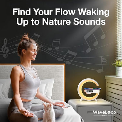 Waveloop Speaker Alarm Clocks for Bedrooms with Wireless Charging and G Bluetooth Speaker, Sunrise Wake Up Light RGB Night Lamp, 4-Button Bedside Alarm Clock for Bedroom Time Display, USB-C