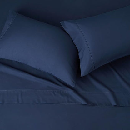 Amazon Basics Lightweight Super Soft Easy Care Microfiber 4 Piece Bed Sheets Set with 14-Inch Deep Pockets, Queen, Navy Blue, Solid