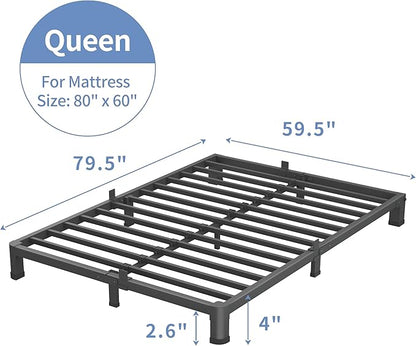 4 Inch Queen Bed Frame, 3500Lbs Heavy Duty Metal Platform with Round Corner Legs Mattress Slide Stopper, Steel Slat Support No Box Spring Needed, Noise Free, Non-Slip, Easy Assembly