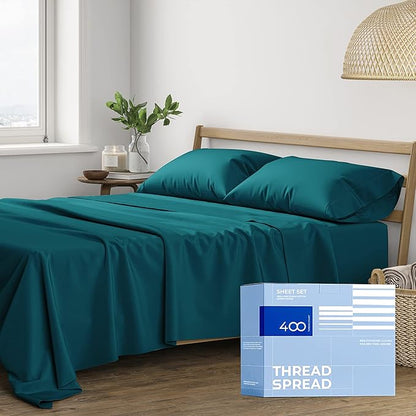 THREAD SPREAD King Size Cotton Sheets Set - 400 Thread Count 4 PC 100% Cotton Sheets for King Bed, 16 in Deep Pocket King Size Cotton Sheets Set for Hot Sleepers, Luxury Hotel Cooling Sheets (Teal)