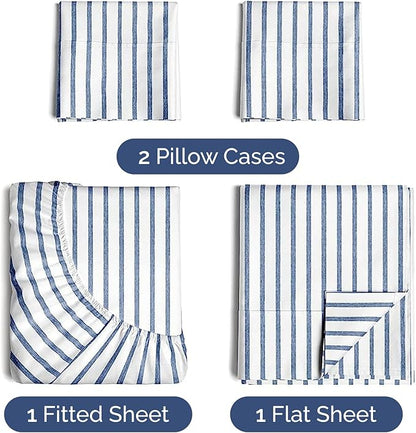 Twin 4 Piece Sheet Set - Cooling, Comfy & Breathable - Hotel Luxury Bedding, Includes Fitted Sheet for Women, Men, Kids & Teens - 1 Flat, 1 Fitted Sheet, 2 Pillowcases w/Deep Pockets - Blue Stripes
