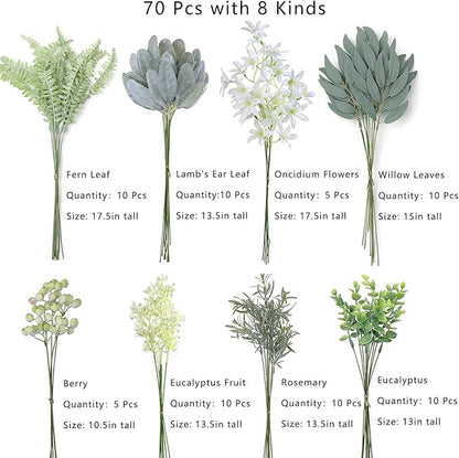 FOTEEWL 70 Pcs Artificial Greenery Stems Box Set,with 8 Kinds of Faux Plants and Fake Flowers for DIY Bridal Bouquets Wedding Floral Arrangement Table Centerpieces Decoration (Sage Green & White)