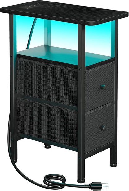 LOAKEKEL Narrow End Table Living Room with Charging Station, Skinny Side Table with Fabric Drawers, Slim LED Nightstand for Bedroom, Small Spaces, Couch, Black, HETNDP02LBK-1