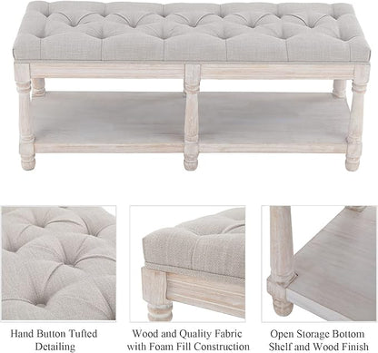 Mid Century Tufted Storage Bench with Shelf, Linen Upholstered Farmhouse Entryway Shoe Bench Ottoman Bed End Stool with Padded Seat, Rustic Bench for Bedroom Living Room Dining Room, Beige