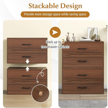 Giantex Stackable 2-Drawer Dressers for Bedroom - Short Dresser Two Drawer Storage Cabinet w/Handles & Anti-Topping Device, Small Dresser Chest of 2 Drawers for Closet Bedroom (1, Walnut)