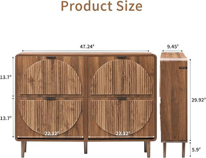 Shoe Storage Cabinet for Entryway, Narrow Shoe Organizer Cabinet, 4 Flip-Down Drawers, Round Fluted Panel, Hidden Wood Slim Shoe Rack for Foyer, Hallway (Walnut)