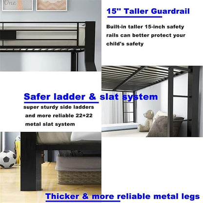 Upgraded Version Thicken Metal Heavy-Duty Full XL Over Queen Bunk Bed, Best Modern Style Stronger Full Over Queen Size Bunk Bed Frame with Ladder for Adults, Easy Assembly (Full XL Over Queen-A)