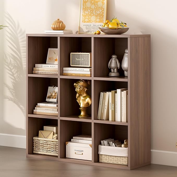 OSCHF 9-Cube Storage Shelf Bookcase - Wooden 3-Tier Floor Standing Open Bookshelf for Home and Office, Cuby Orgainzer, Walnut