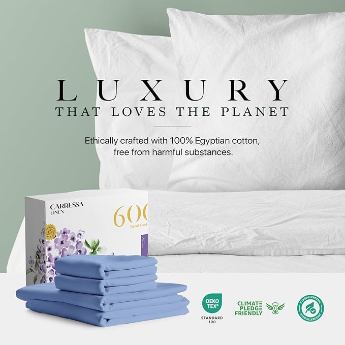 Carressa Linen 100% Egyptian Cotton Full Size Sheets - 600 Thread Count Full Size Egyptian Cotton Sheets (4 PC, Marine Blue), Soft, Cooling, 16" Deep Pocket Sateen Weave Luxury Hotel Bed Sheet Set