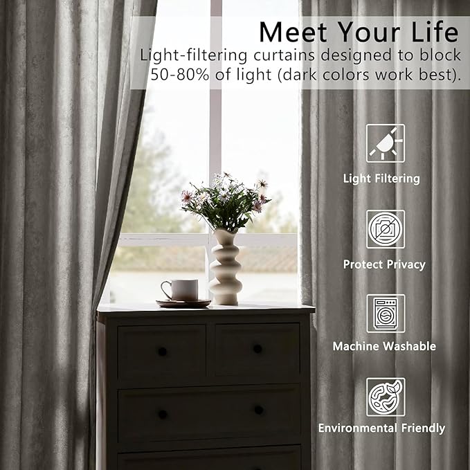 Silver Grey Crushed Velvet Curtains 52x90 inch Luxurious Thermal Insulated Soundproof Drapes for Living Room Bedroom Office Soft and Durable Light-Filtering Window Treatments, 2 Panels