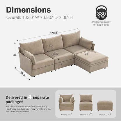 ABCASA 102.6" Modular Sectional Sofa, L Shaped Couch Set for Living Room, 3-Seater Comfy Cloud Couches with Movable Storage Ottoman,DIY Combination - Chenille Beige