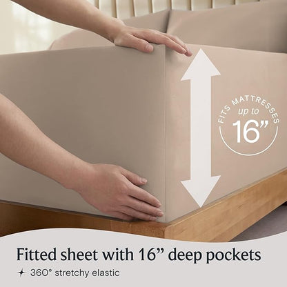 LuxClub 4 PC California King Sheet Set, Deep Pockets Wrinkle Free Cooling Bed Sheets Hotel Bedding for Women, Men, Includes 1 Fitted Sheet, 1 Flat Sheet and 2 Pillowcases-Light Khaki