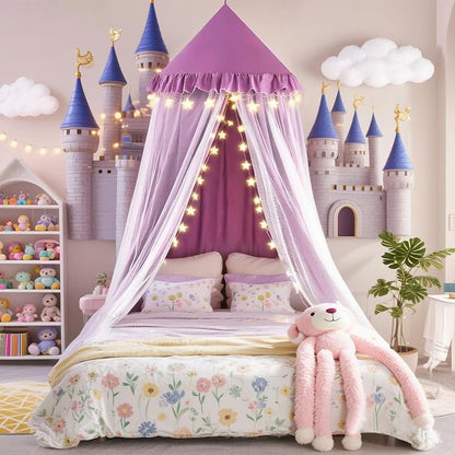 Kertnic 31.5inch Large Dome Bed Canopy for Girls, Double Layer Dreamy Ruffle Princess Canopy, Bedroom Hanging Tent Kids Reading Nook Canopies,Full Queen Bed Canopy Curtain (Dark Magenta-Purple)