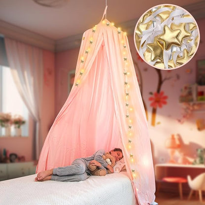Bollepo Bed Canopy with Lights - Pink Princess Canopy for Girls Room | Single, Twin, Full, Queen | Kids Bed, Hanging Fairy Led Canopy