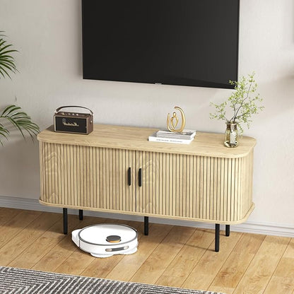 55''W Natural Storage Cabinet, Media Console, Tambour TV Stand, Television Stands with Curvy Edge; Sliding Door, Fluted Cabinet, Buffet Sideboard, Credenza, Table Stand for Living Room, Kitchen