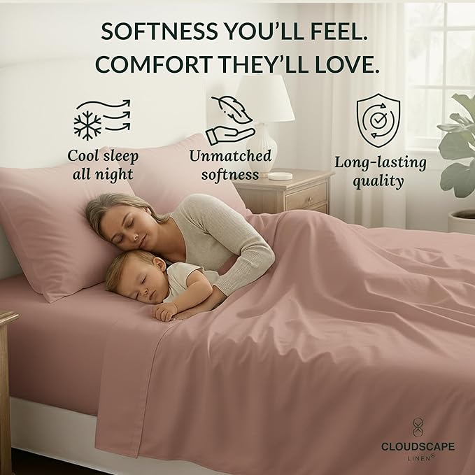 Cloud Scape Linen 100% Egyptian Cotton California King Sheet Set, 400 Thread Count,4 Pieces Luxury Bedding Set, Hotel Quality, Silky Soft, Breathable and Durable, Deep Pockets up to 17, Sepia Rose