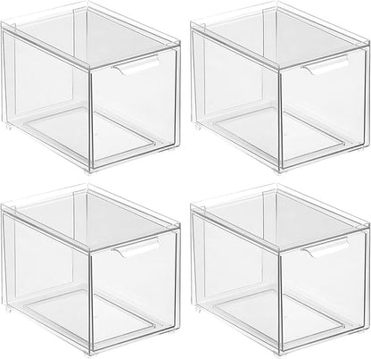 mDesign Plastic Pantry Organization and Storage Bin w/Pull Out Drawer - Slim Stackable Kitchen Supplies Storage Container for Organizing Cabinet, Fridge, Freezer - Lumiere Collection - 4 Pack - Clear