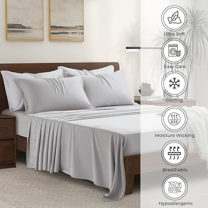 Split King Size Sheet Set | 2 Fitted Sheets for Sleep Number & Adjustable Beds | Organically Grown | Ultra Soft & Cooling |100% Viscose | 17" Deep Pocket [Dove Grey]