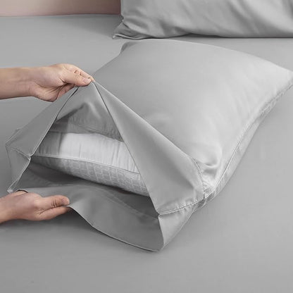 Linen World Lyocell Cooling Bed Sheets Set Queen Size,100% Organically Grown Viscose Sheets,Deep Pocket Up to 16",4 Pieces Silky Soft,Breathable Bedding Sheets & Pillowcases(Light Gray,Queen)