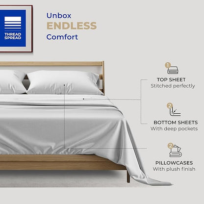 THREAD SPREAD 100% Cotton Split King Sheets for Adjustable Bed - 400 Thread Count 5 PC Sateen Split Sheet Set, Soft, Cooling Cotton Sheets, 16" Deep Pocket Split King Bed Sheet (Silver Grey)