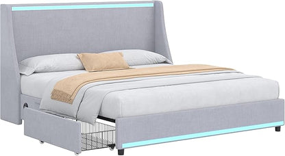 VECELO Queen Size Bed Frame with Storage Drawers, Upholstered Platform Bedframe with Wingback Headboard, No Box Spring Needed, Classic Grey
