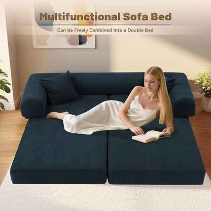 Convertible Futon Sofa Bed,80" Folding Pull Out Couch with Pillows & Storage Pocket, Oversized Queen Sleeper Sofa in a Box,Corduroy Boneless Couch for Living Room,Navy Blue