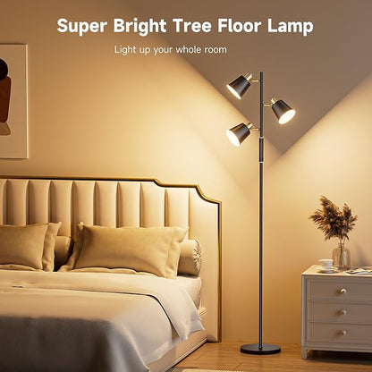 LED Tree Floor Lamp, 2500LM Super Bright Standing Lamp with Remote & Touch Control, 4 Color Temperatures, 3 Rotatable Lights, Modern Dimmable Floor Lamps for Living Room Bedroom Office