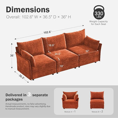 ABCASA 102.6" Modular Sectional Sofa, Oversized 3-Seater Terracotta Orange Couch with Removable Chenille Fabric Cover, Deep Seat & High Backrest for Living Room, Office & Apartment