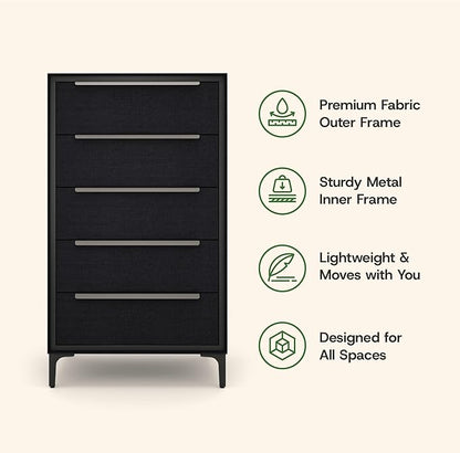 tinge Naima Premium Fabric Dresser - Strong Metal Frame, 5 Spacious Sag-Proof Drawers with Sleek Metal Handles - Premium & Durable Storage Solution for Your Home (Black)