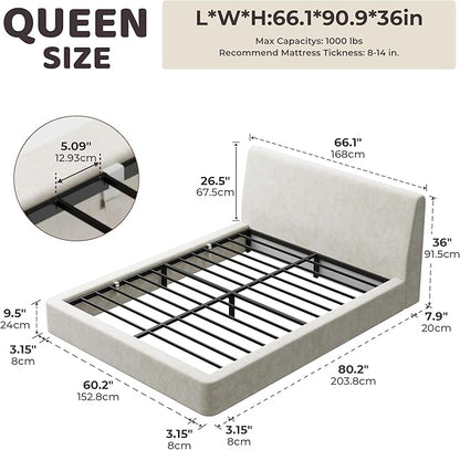 RECCI Cloud Queen Bed Frame with Ergonomic Angled Foam Cushioned Headboard, Minimalist Design Platform Bed Frame, No Box Spring Needed, Easy Assembly (Beige)