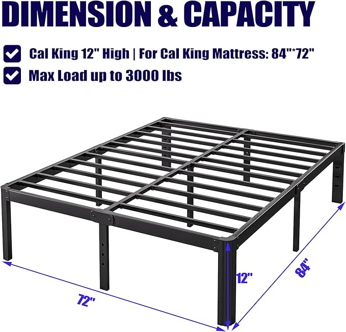 Hunlostten 12" High Heavy Duty California King Bed Frames No Box Spring Needed, Metal Platform Cal King Bed Frame with Round Corners, Easy Assembly, Noise Free, Black