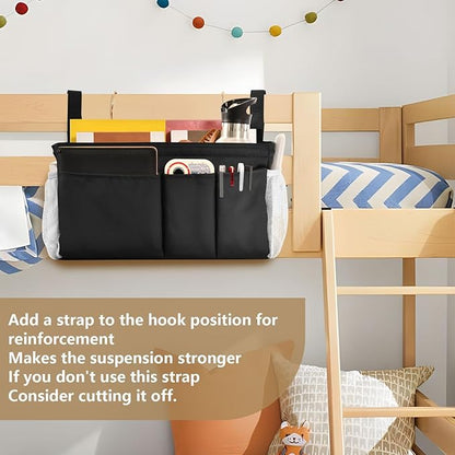 KOPIRIT Black Bedside Caddy Storage Bag Bedside Organizer for Bed Rails College Dorm Room Organizer Caddy Hanging Shelf 6 Pockets with Hooks for Drinks Magazine Phone Holder