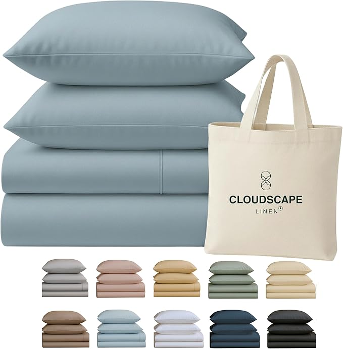 Cloud Scape Linen 100% Egyptian Cotton California King Sheet Set, 400 Thread Count,4 Pieces Luxury Bedding Set, Hotel Quality, Silky Soft, Breathable and Durable, Deep Pockets up to 17, French Blue